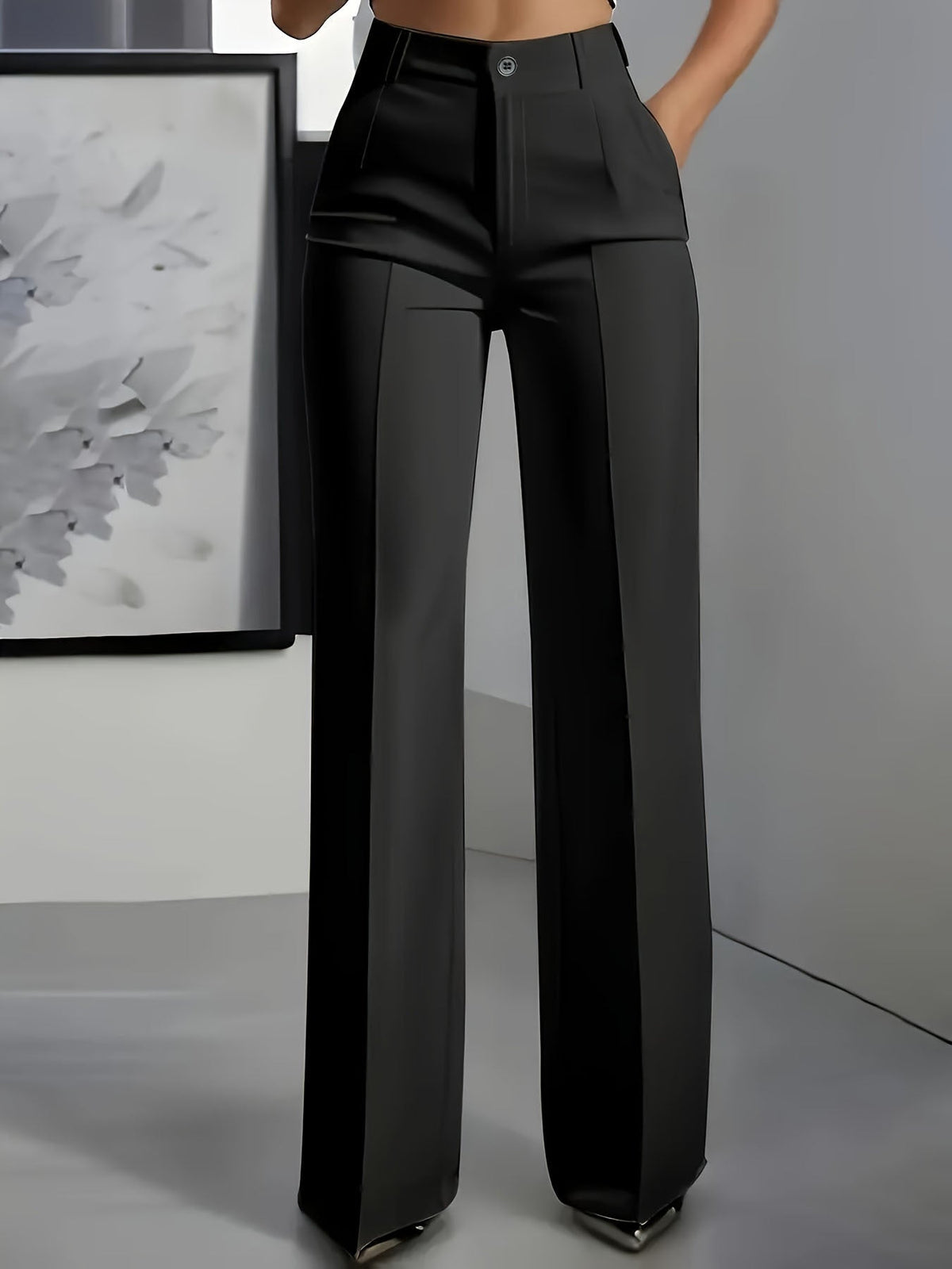 Wide Leg Pants with High Waistband and Structured Fabric - Black