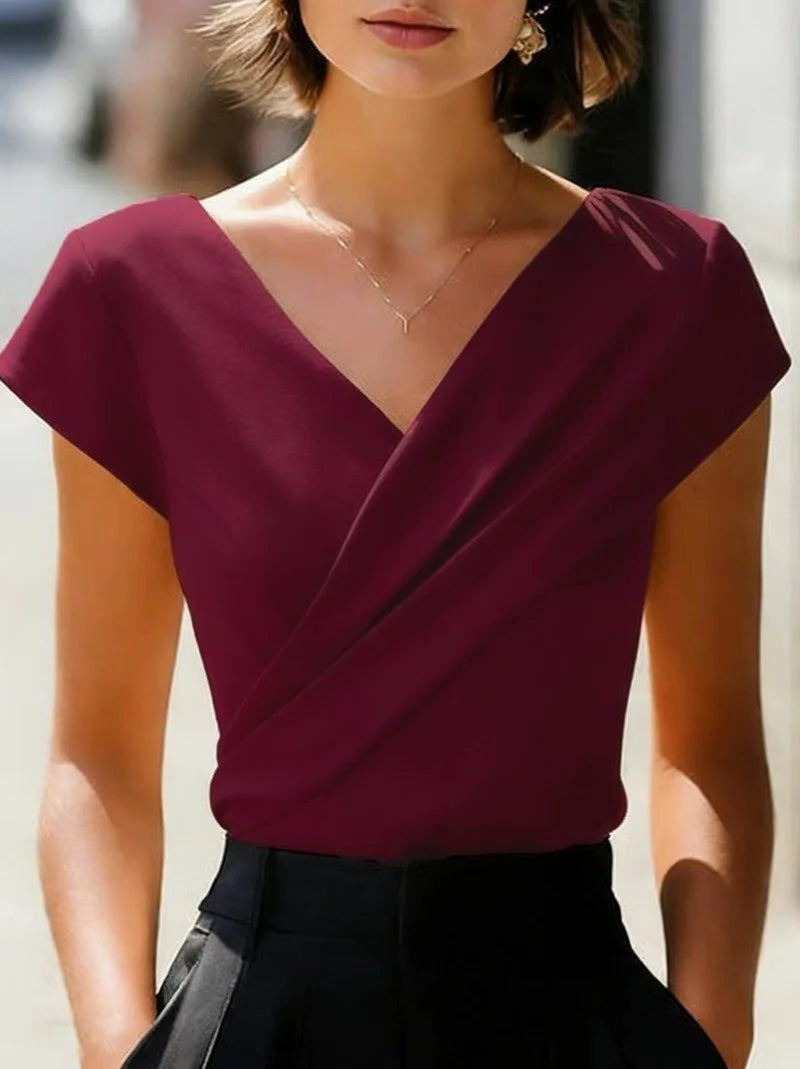 Wrap Blouse with Deep V-Neck and Short Cap Sleeves - Burgundy
