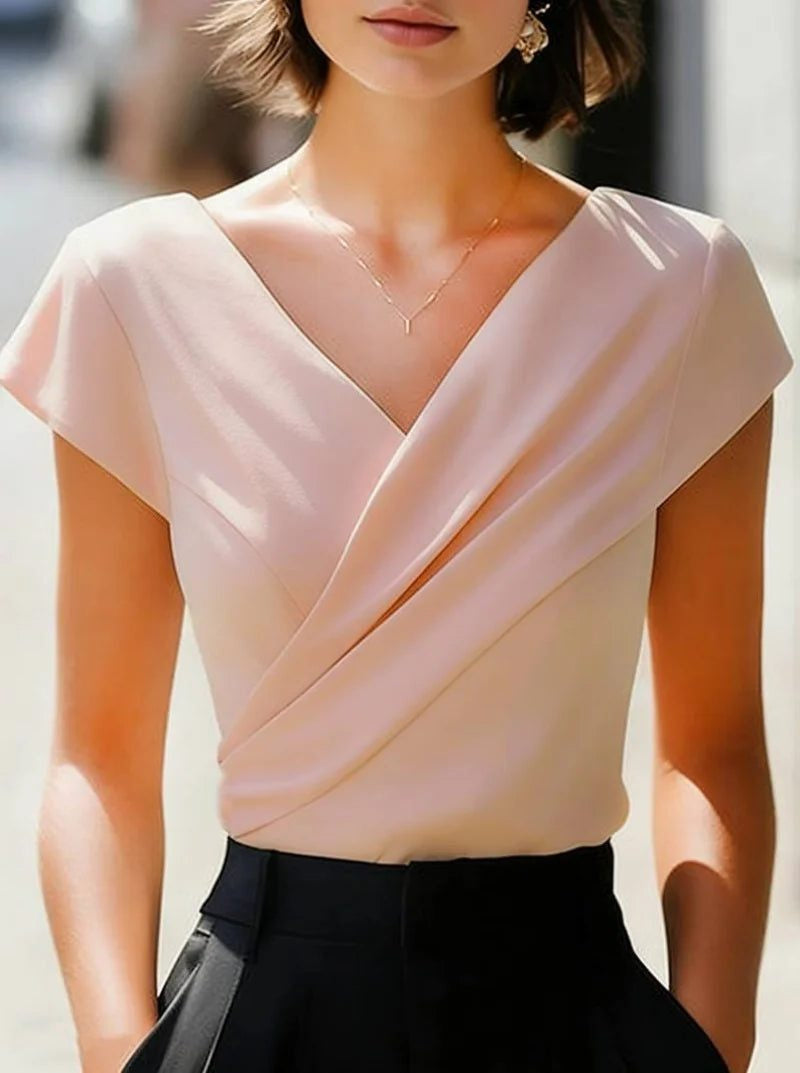 Wrap Blouse with Deep V-Neck and Short Cap Sleeves - Pink
