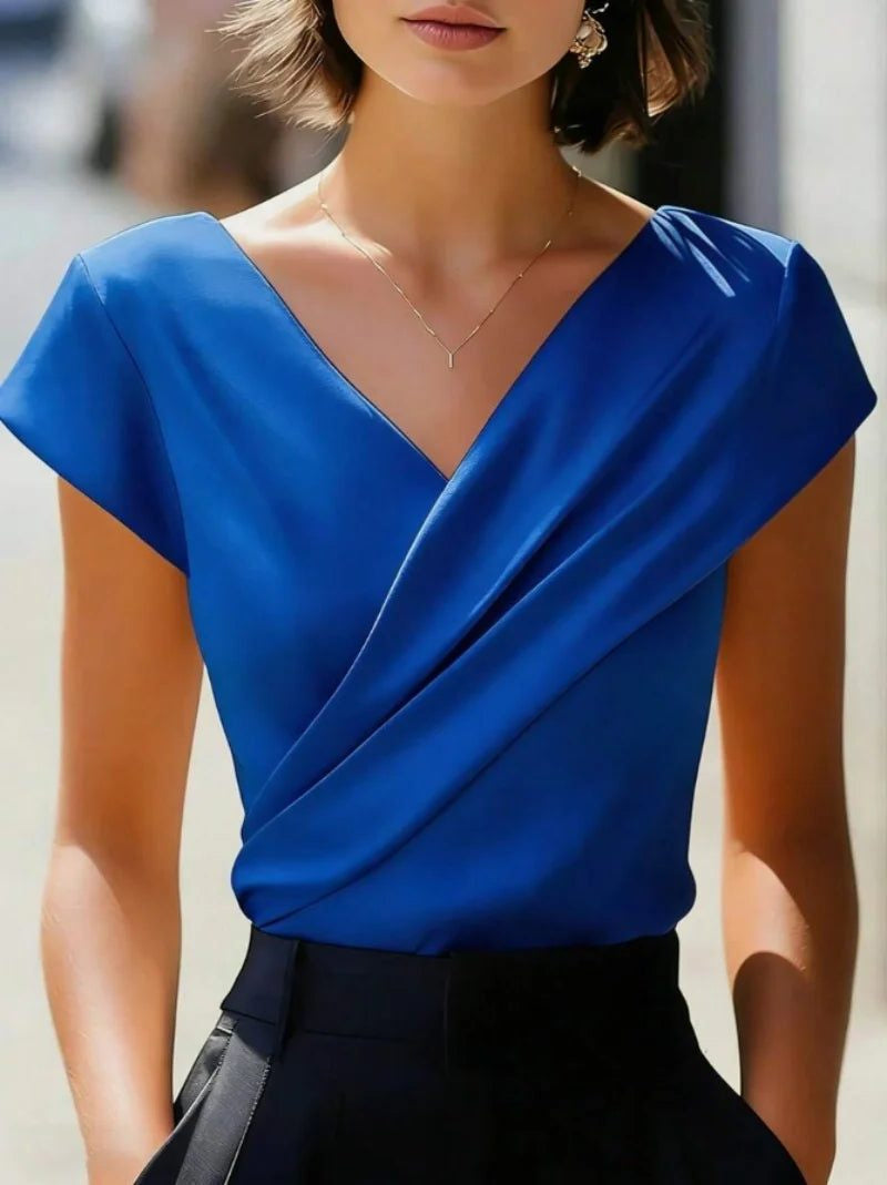 Wrap Blouse with Deep V-Neck and Short Cap Sleeves - Blue