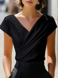 Wrap Blouse with Deep V-Neck and Short Cap Sleeves - Black