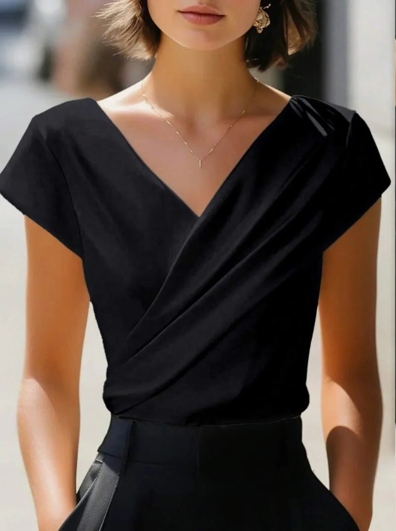 Wrap Blouse with Deep V-Neck and Short Cap Sleeves - Black