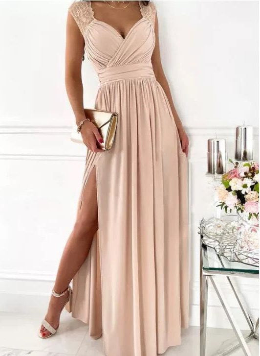 Wrap Maxi Dress with V-Neck, Gathered Waist and Side Split - Apricot