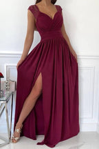 Wrap Maxi Dress with V-Neck, Gathered Waist and Side Split - Wine Red