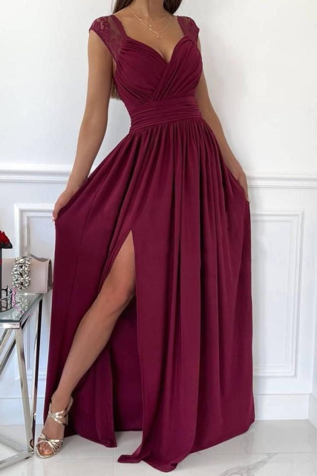 Wrap Maxi Dress with V-Neck, Gathered Waist and Side Split - Wine Red