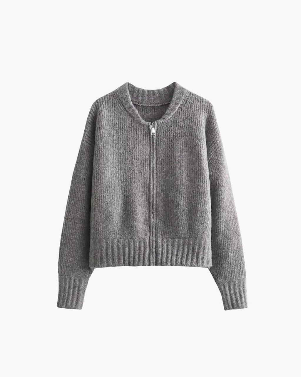 Zip-Up Knitted Cardigan with Round Neck and Ribbed Trim - Grey