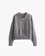 Zip-Up Knitted Cardigan with Round Neck and Ribbed Trim - Grey