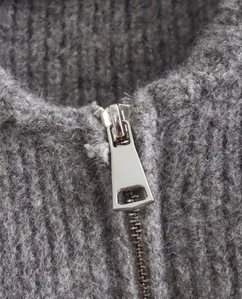 Zip-Up Knitted Cardigan with Round Neck and Ribbed Trim