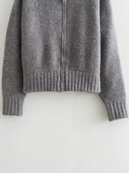 Zip-Up Knitted Cardigan with Round Neck and Ribbed Trim